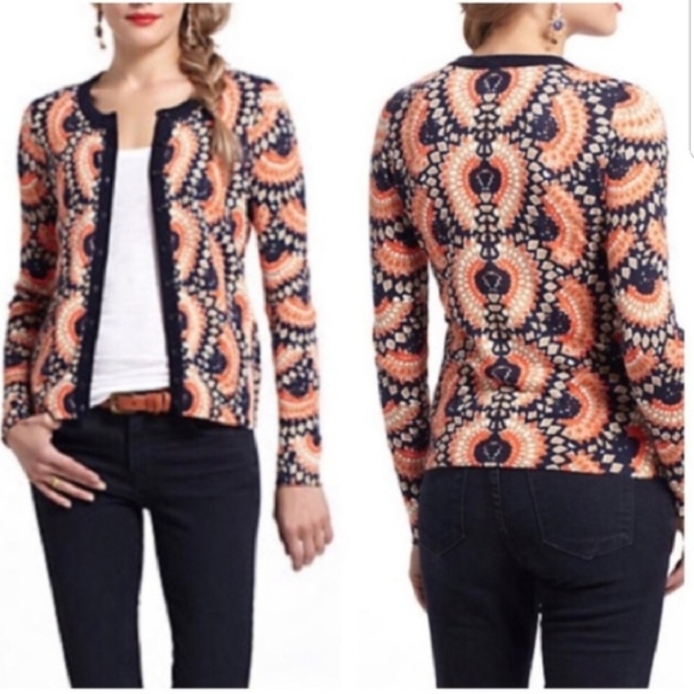 Anthropologie Tabitha Coral Printed Cardigan